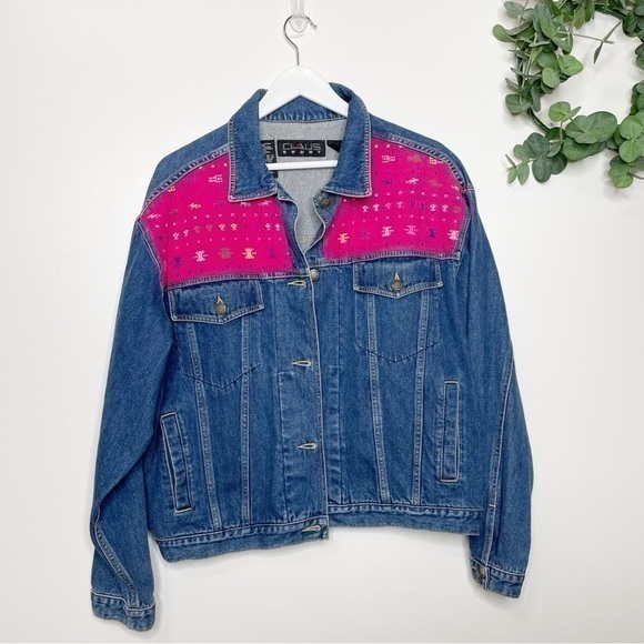 Vintage Chaus Sport Denim Jacket L Southwestern Aztec Pink Western Festival 90s - Picture 1 of 5